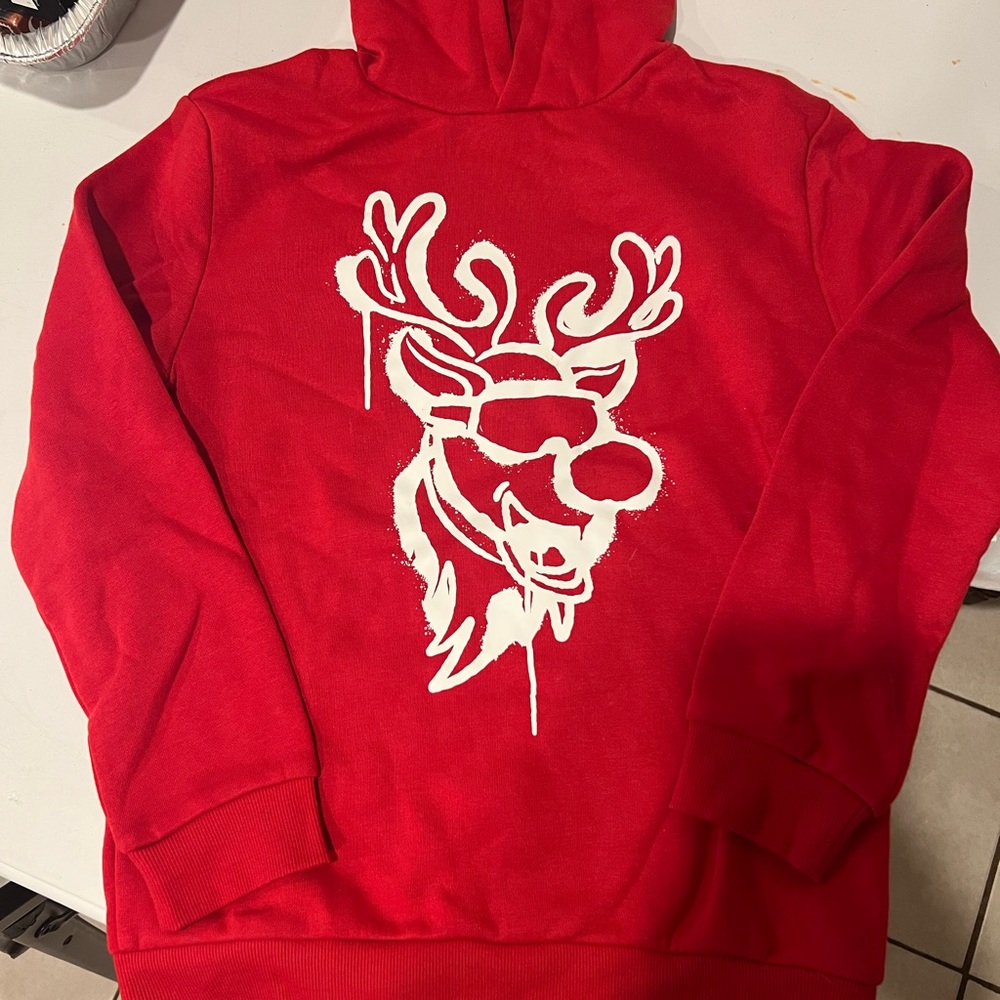 Primark Vibrant Red Hoodie with Reindeer Design